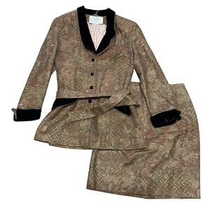 Vintage Skirt Suit Rickie Freeman Sz 8 100% Wool Brown Belted Brocade Womens
